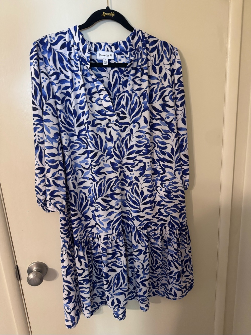 Veronica M Blue and White Botanical Print Tiered Dress